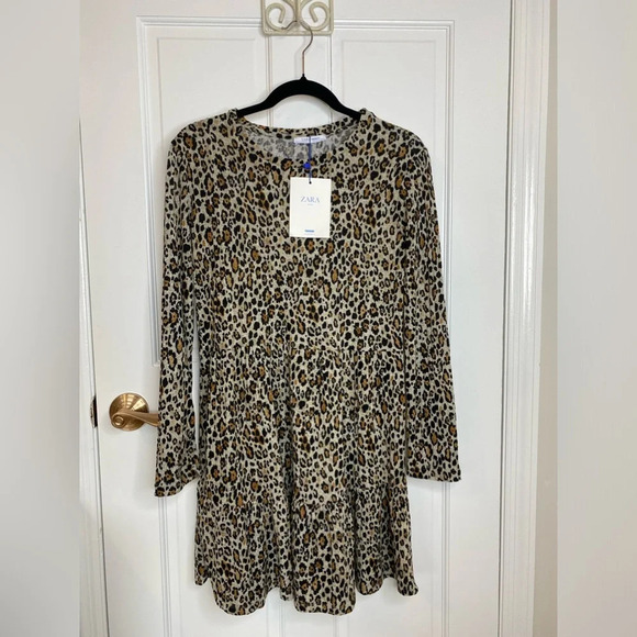 NWT Textured ZARA Leopard Print Smock Tiered Dress Size Medium - Picture 4 of 10